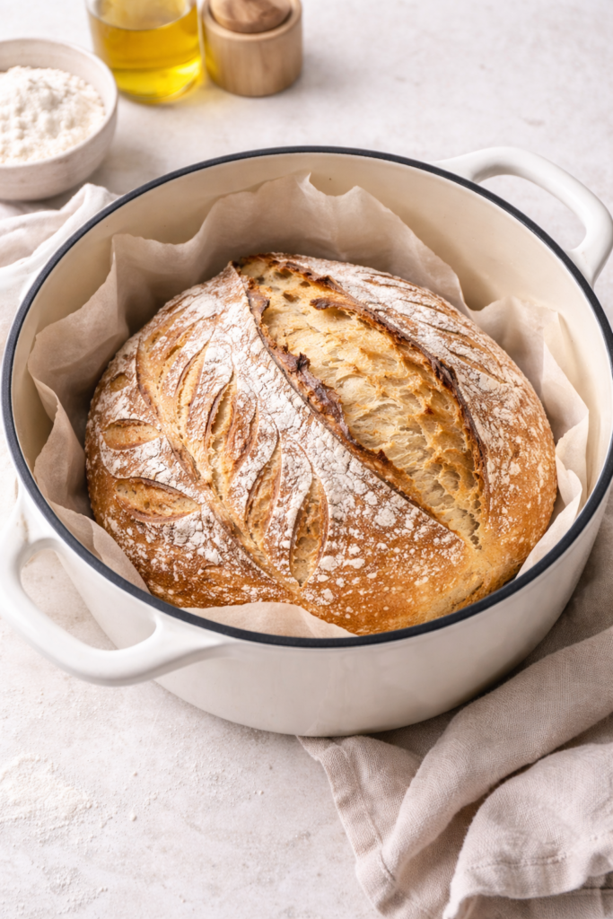 Freshly baked artisan sourdough loaf with scored crust in a Dutch oven lined with parchment paper