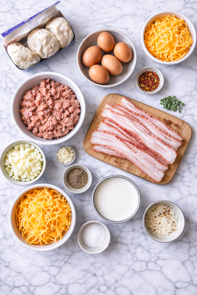 Flat lay of breakfast biscuit casserole ingredients including biscuits, eggs, sausage, bacon, cheese, and milk on a marble countertop