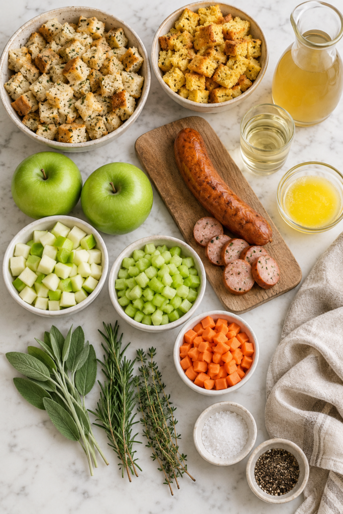 Flat lay of ingredients for chicken sausage and apple stuffing with cornbread stuffing, herb stuffing, chicken apple sausage, Granny Smith apples, celery, carrots, fresh herbs, chicken broth, and white wine.