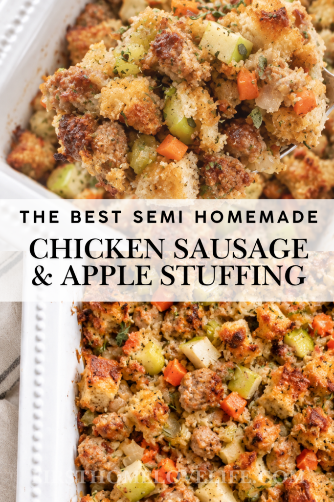 Silver spoon lifting a scoop of semi-homemade chicken sausage and apple stuffing from a white casserole dish with golden bread cubes, sausage, apples, celery, carrots, and herbs.
