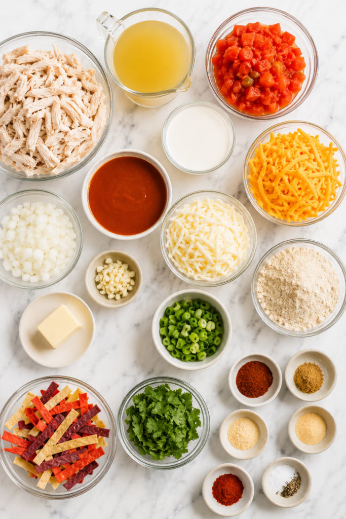 Flat lay of ingredients for Chili's Copycat Chicken Enchilada Soup including shredded chicken, chicken broth, enchilada sauce, cheddar cheese, masa harina, Rotel tomatoes, garlic, onions, spices, cilantro, and tortilla strips on a white marble countertop.