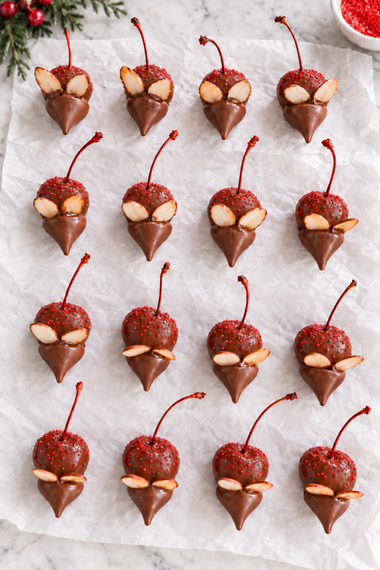 Chocolate covered cherry mice with red sugar sprinkles, almond ears, Hershey’s Kiss faces, and cherry-stem tails on white parchment.