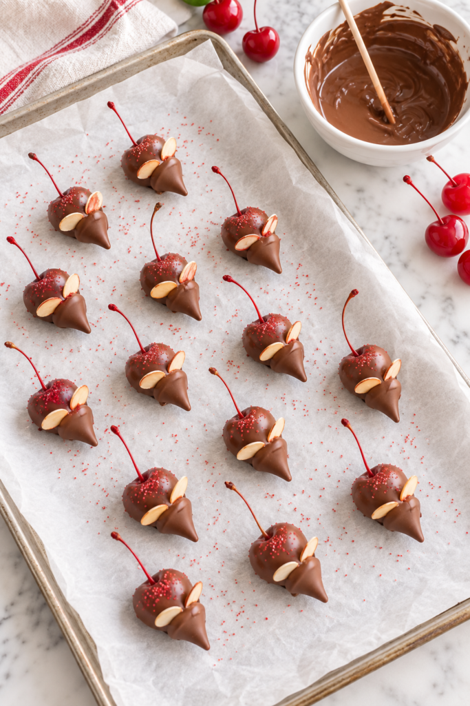 Chocolate covered cherry mice with almond ears and red sugar sprinkles setting on a parchment-lined baking sheet beside a bowl of melted chocolate.