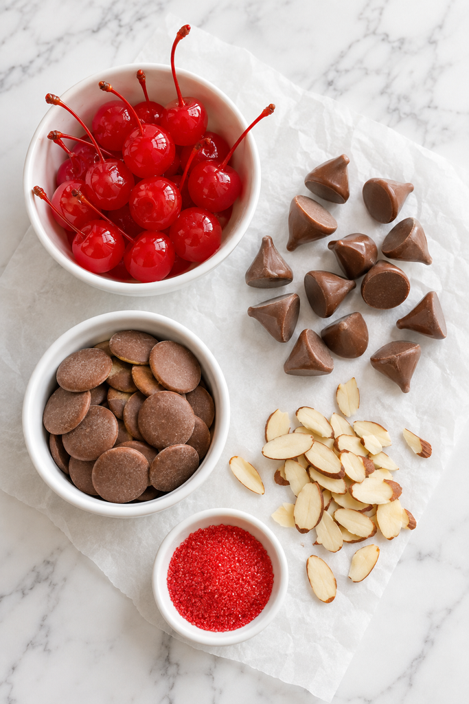 Ingredients for chocolate covered cherry mice including stemmed maraschino cherries, milk chocolate melting wafers, Hershey’s Kisses, sliced almonds, and red sanding sugar.