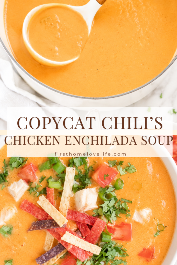 Creamy copycat Chili's chicken enchilada soup in a white bowl topped with tortilla strips, diced tomatoes, cilantro, and green onions with a Dutch oven of soup in the background.