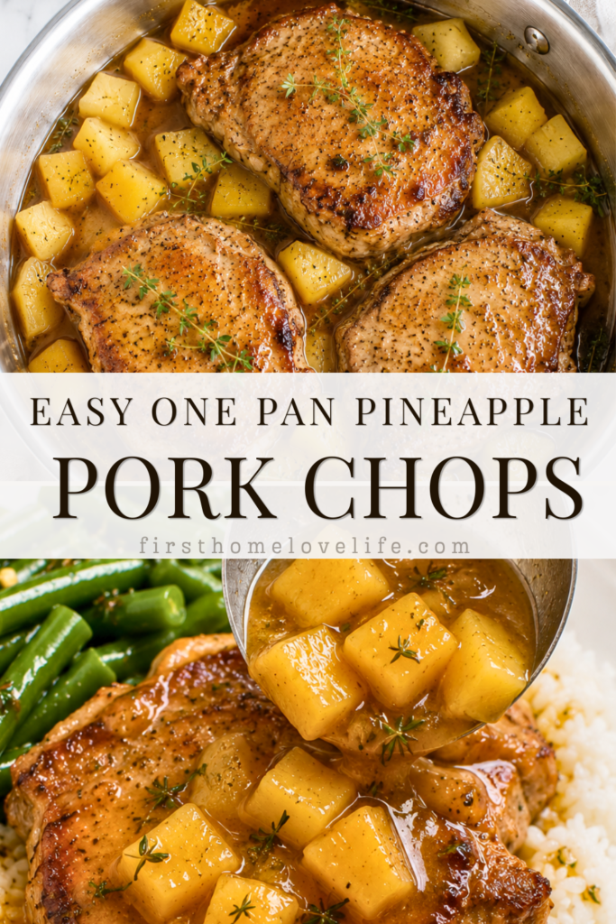 Collage featuring one pan pineapple pork chops cooked in a sweet pineapple thyme glaze and served over white rice with green beans while pineapple sauce is ladled over the pork chop.