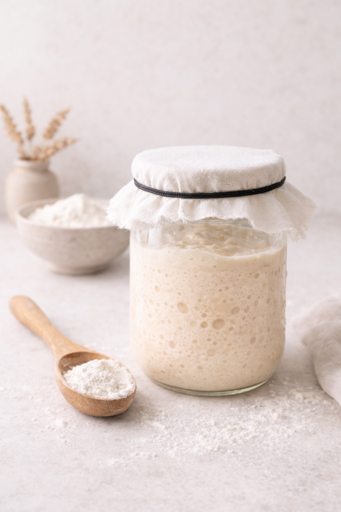 Glass jar of active sourdough starter covered with linen on a light, neutral kitchen surface