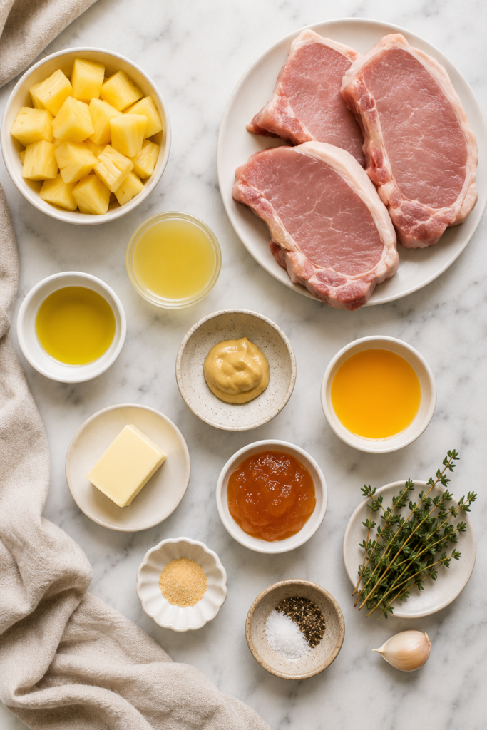 Flat lay of ingredients for pineapple pork chops including pork chops, pineapple chunks, Dijon mustard, apricot preserves, orange juice, butter, garlic, thyme, olive oil, and seasonings on a marble countertop.