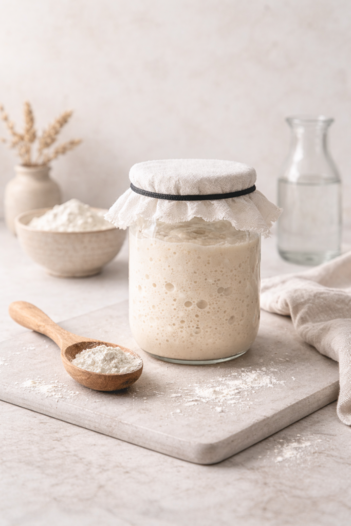 Active sourdough starter in a glass jar covered with linen, styled on a light neutral kitchen surface
