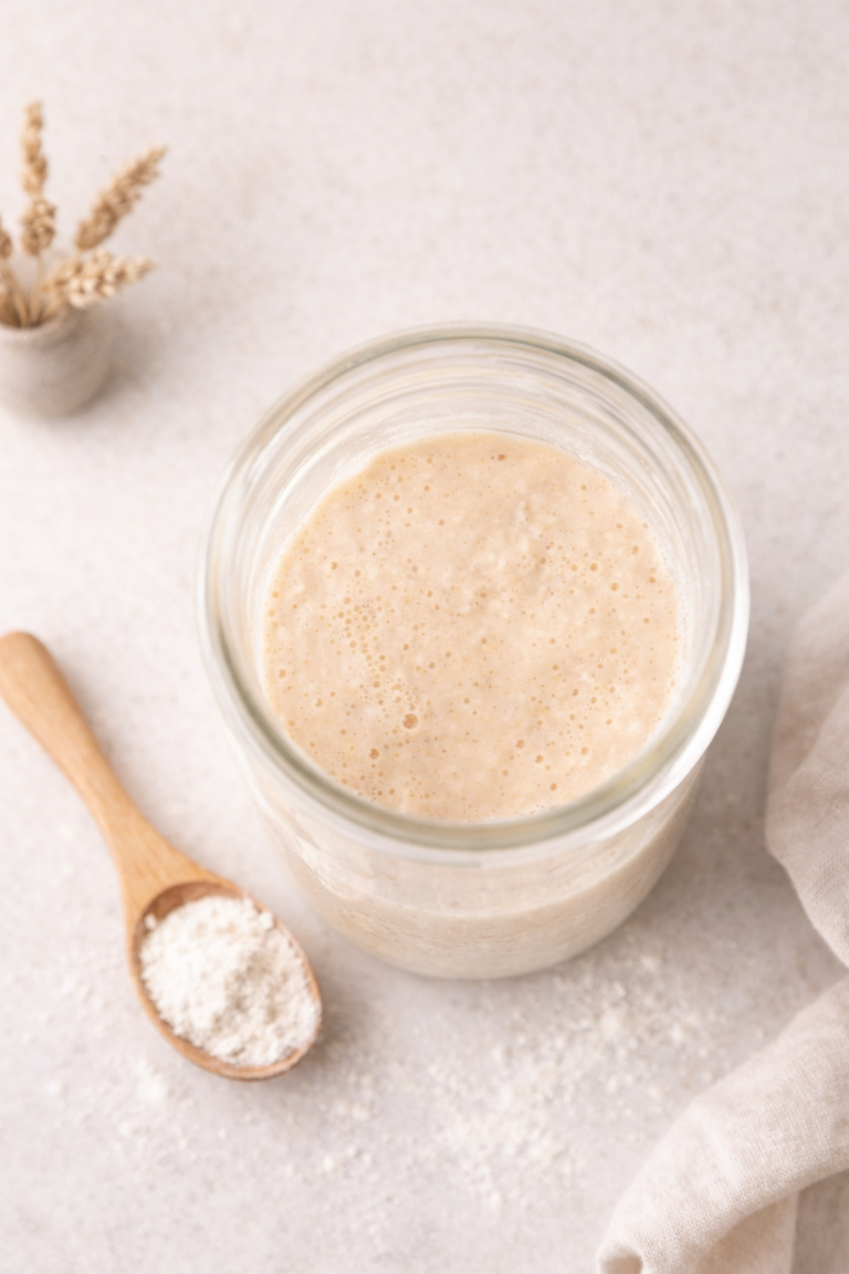 Top-down view of active sourdough starter in a glass jar on a light neutral surface