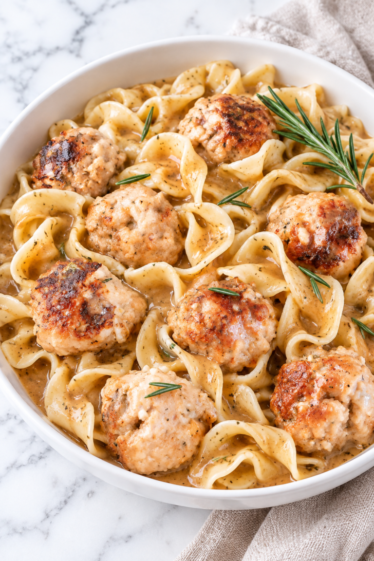 Browned turkey meatballs tossed with egg noodles and gravy, garnished with rosemary in a white bowl on a marble countertop.