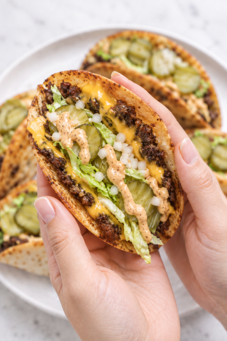 A hand holding a crispy Big Mac smash taco filled with melted cheese, seasoned beef, lettuce, pickles, onion, and creamy burger sauce.