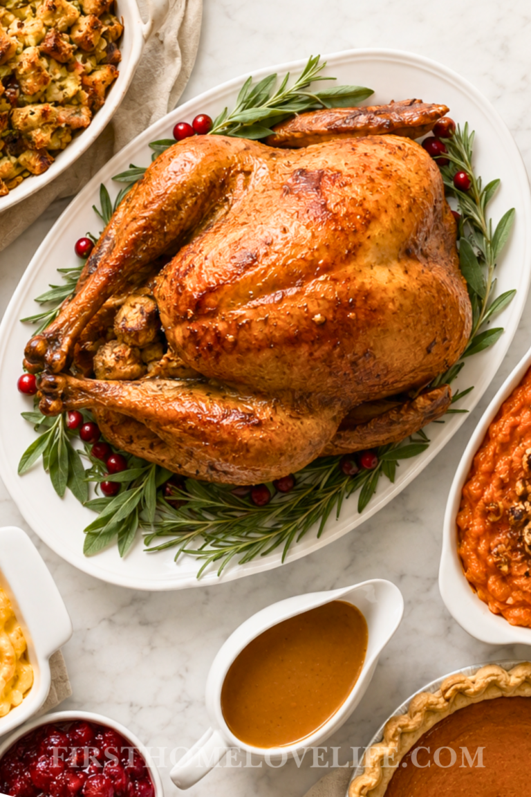 Bird’s-eye view of a traditional Thanksgiving dinner menu with roasted turkey, stuffing, sweet potatoes, macaroni and cheese, cranberry sauce, gravy and pumpkin pie.