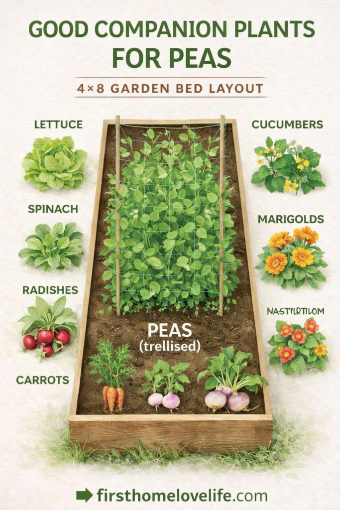 4x8 raised garden bed layout with trellised peas in the center and companion plants like lettuce, spinach, radishes, carrots, cucumbers, marigolds, and nasturtiums.