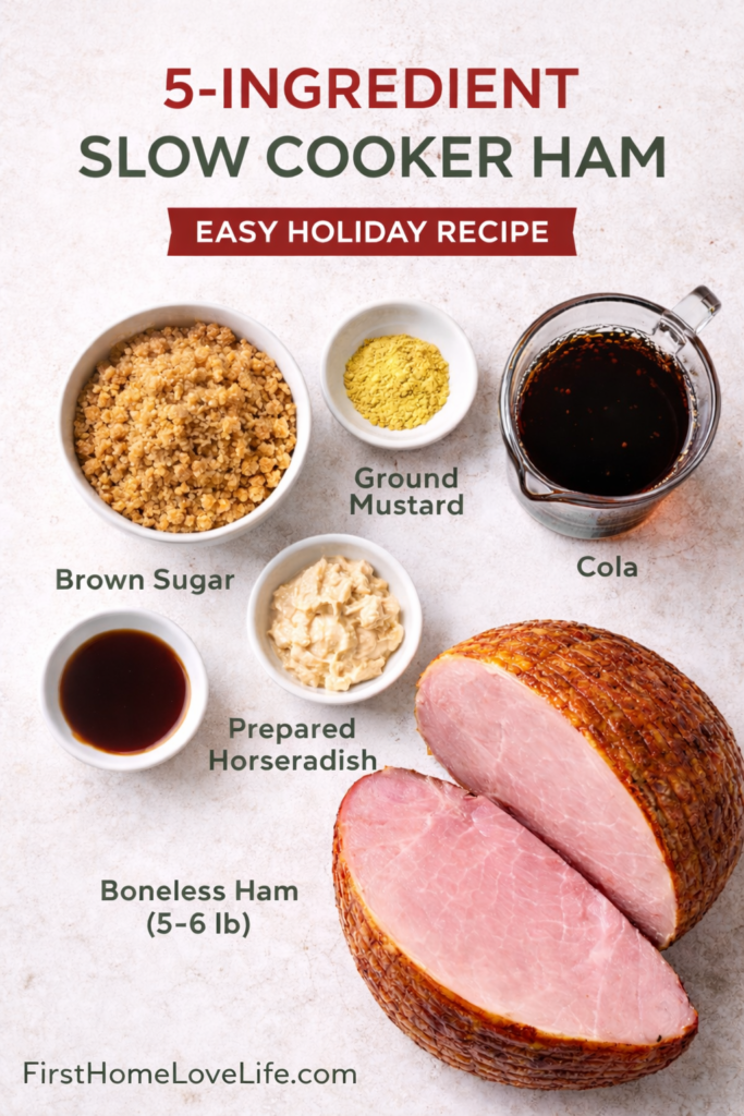 Pinterest graphic showing 5 ingredients for slow cooker ham including brown sugar, mustard, horseradish, cola, and boneless ham with FirstHomeLoveLife.com branding.