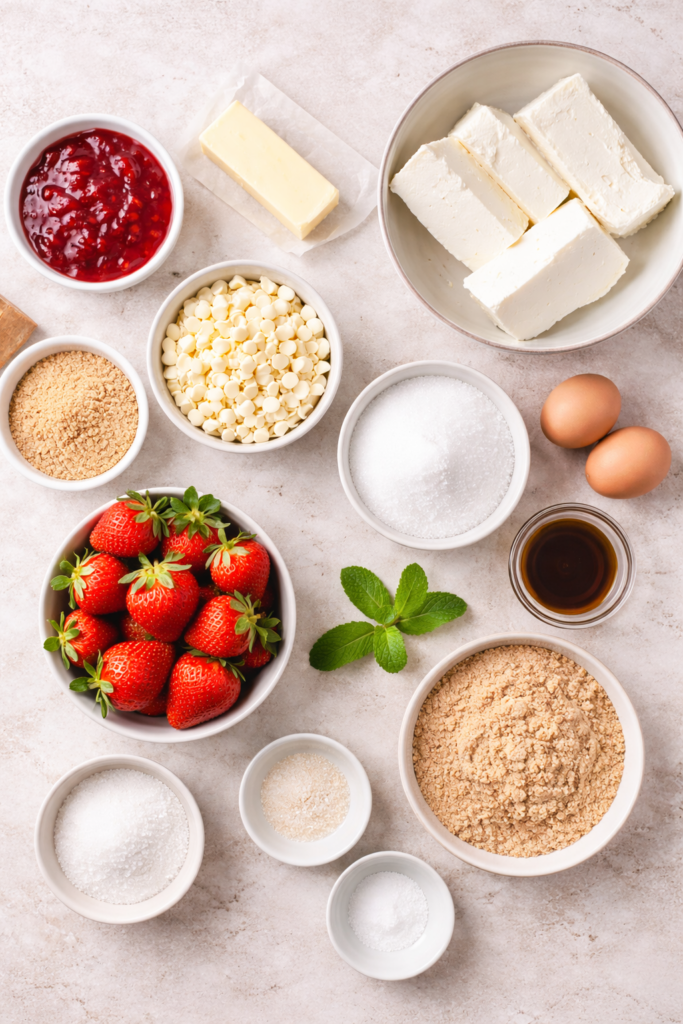 Flat lay of ingredients for strawberry earthquake cheesecake bars including cream cheese, graham cracker crumbs, white chocolate chips, strawberry preserves, fresh strawberries, butter, sugar, eggs, and vanilla on a neutral background