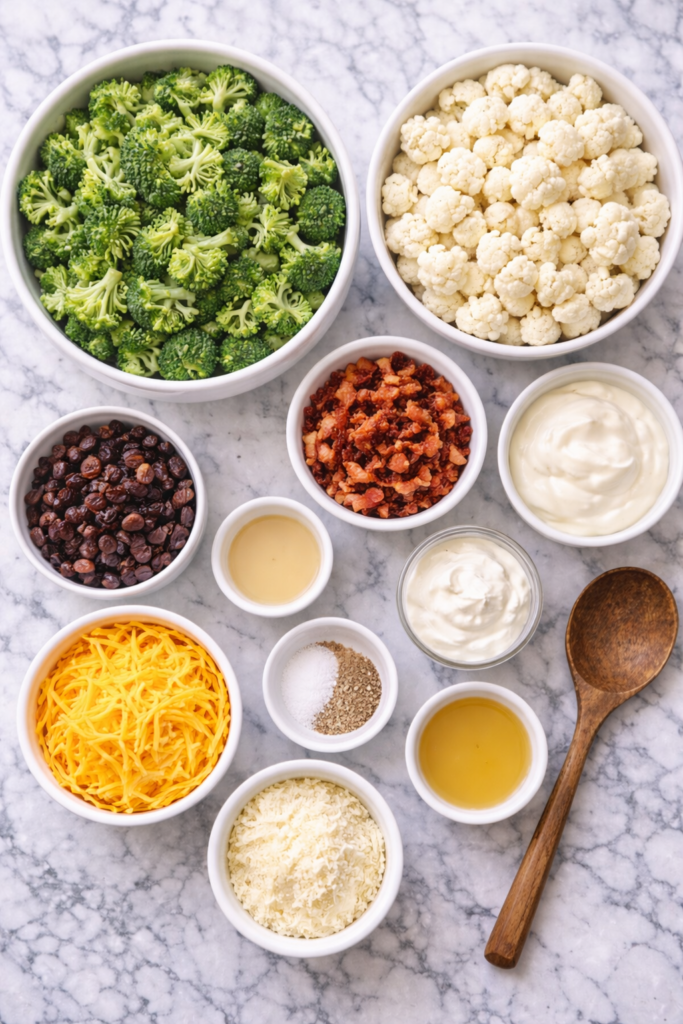 Flat lay of ingredients for Amish broccoli cauliflower salad including fresh broccoli, cauliflower, bacon bits, raisins, shredded cheddar cheese, and creamy dressing ingredients on a marble surface.