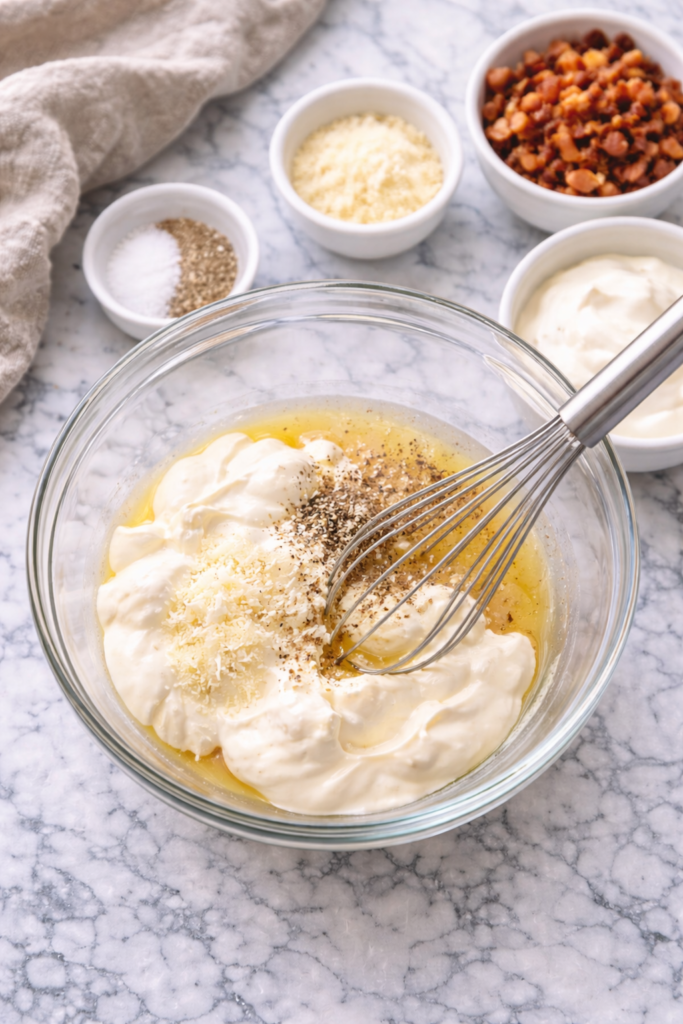 Creamy Amish broccoli salad dressing being mixed in a glass bowl with mayonnaise, vinegar, sugar, and seasonings on a marble countertop.