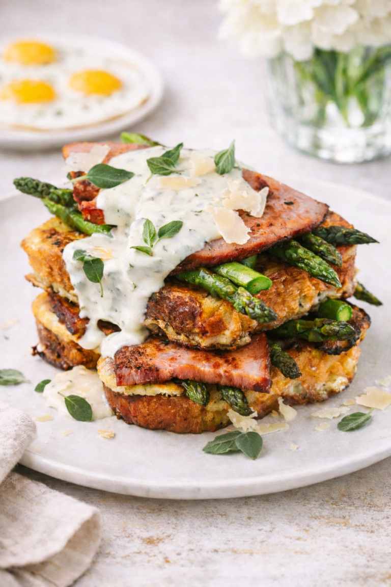 Savory Asiago and oregano French toast stacked with ham and asparagus, topped with creamy herb sauce, with fried eggs in the background