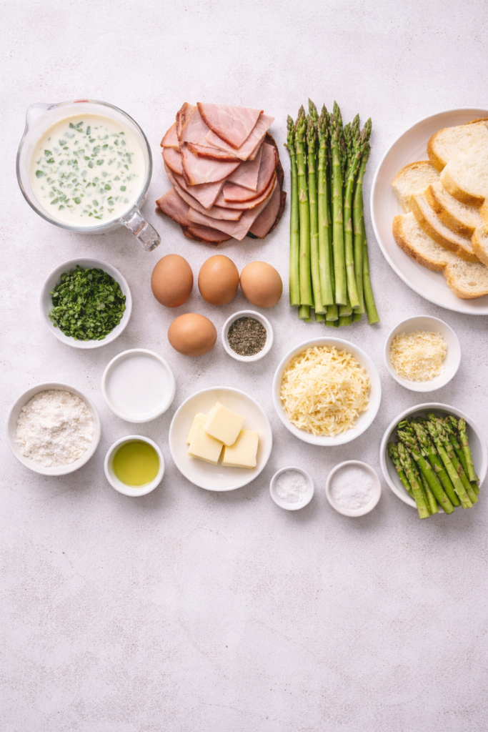 Flat lay of ingredients for savory Asiago and oregano French toast with ham and asparagus on a clean white background
