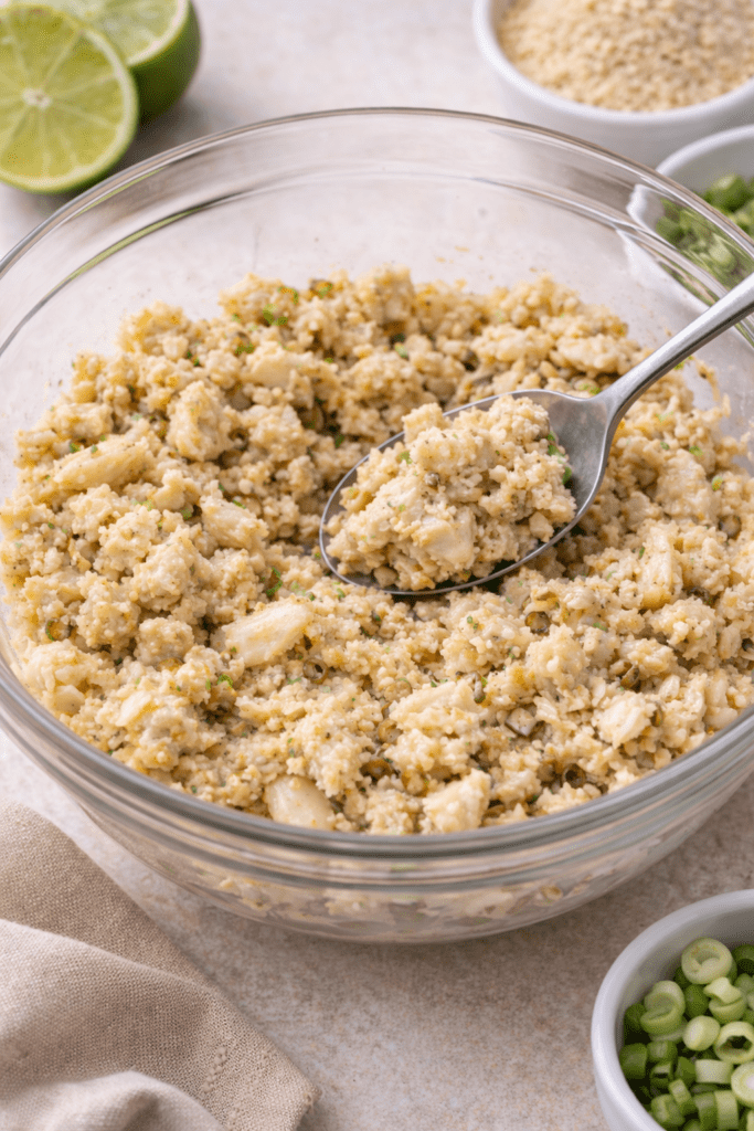 Asian crab cake mixture in glass bowl with lump crabmeat, breadcrumbs and seasoning