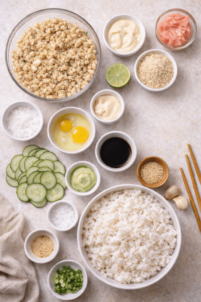 Ingredients for Asian crab cake rice bowls including crabmeat, jasmine rice, cucumber, pickled ginger, soy sauce, eggs and sesame seeds