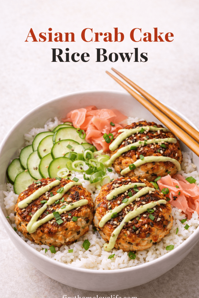 Asian crab cake rice bowls with jasmine rice, cucumber, pickled ginger and wasabi mayo drizzle Pinterest graphic
