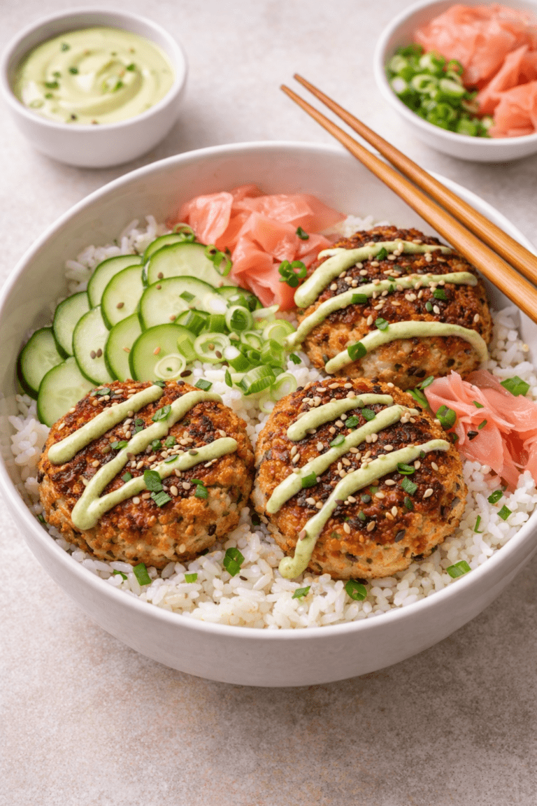 Asian crab cake rice bowls with jasmine rice, cucumber, pickled ginger, and wasabi mayo drizzle