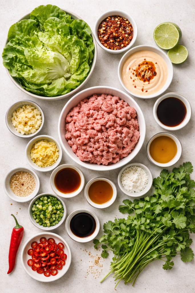 Flat lay of ingredients for mini Asian meatball lettuce cups including ground pork, butter lettuce, soy sauce, ginger, garlic, chili crisp, and sriracha mayo