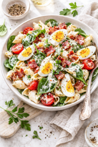 Creamy bacon and egg pasta salad with fresh spinach