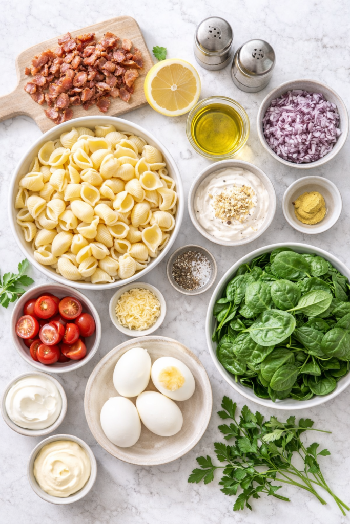 Flat lay of ingredients for bacon egg spinach pasta salad with shell pasta