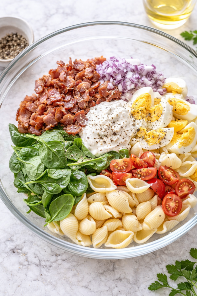 Shell pasta bacon egg spinach salad ready to be mixed