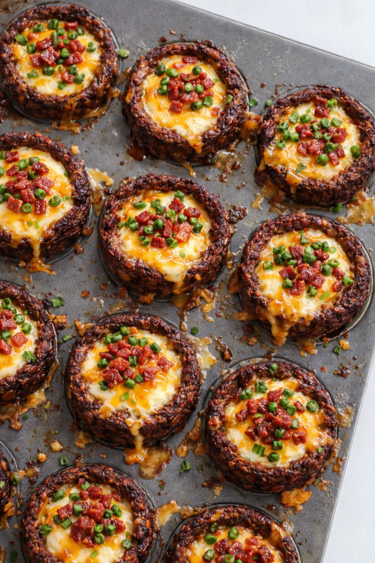 Bacon jalapeño cream cheese and cheddar meatloaf cups baked in a muffin pan with melted cheese centers and crispy bacon