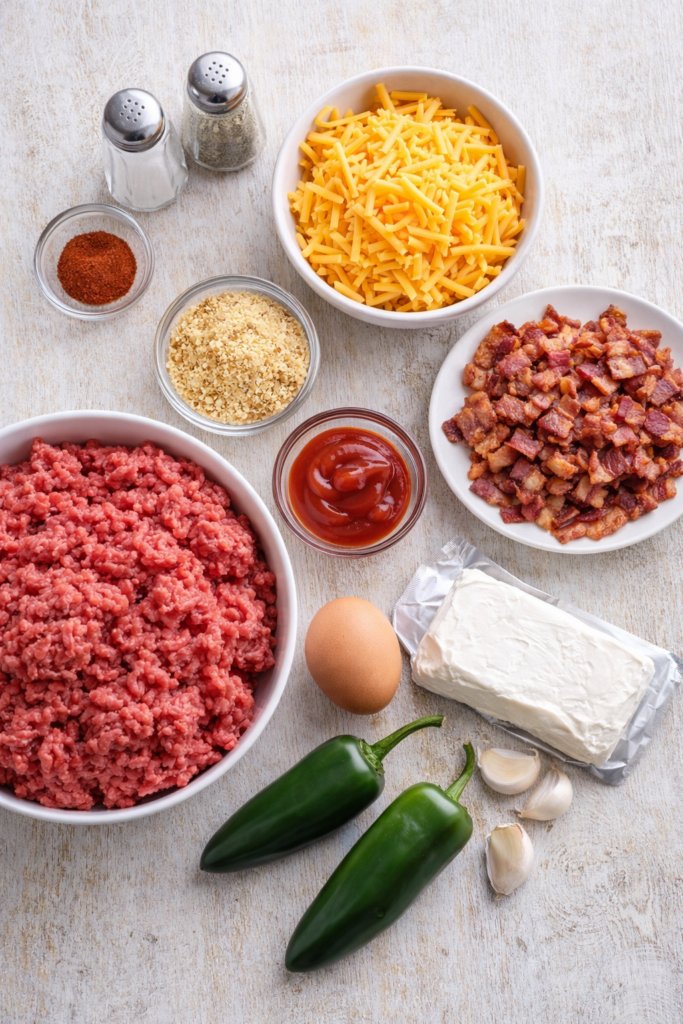 Ingredients for bacon jalapeño cream cheese meatloaf cups including ground beef, cheddar cheese, bacon, jalapeños, and cream cheese