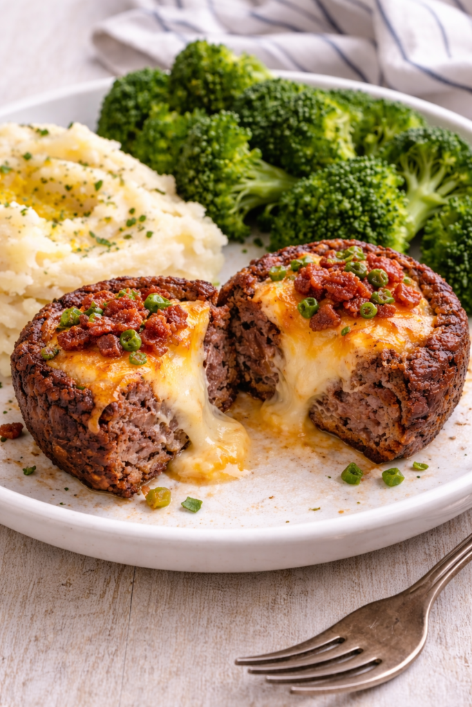 Bacon jalapeño cream cheese meatloaf cup cut in half with melted cheese center served with mashed potatoes and broccoli