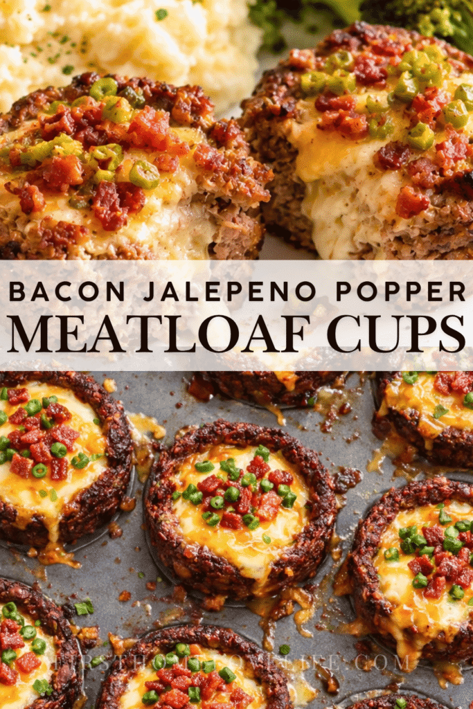 Bacon jalapeño popper meatloaf cups with melty cream cheese, cheddar, crispy bacon, and jalapeños