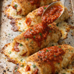 Crispy baked pepperoni chicken rolls on a sheet pan with melted mozzarella cheese and marinara sauce being spooned over the top.