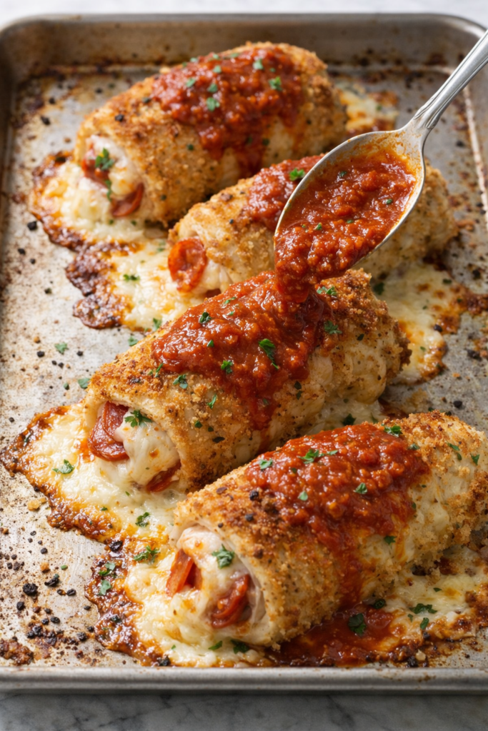 Crispy baked pepperoni chicken rolls on a sheet pan with melted mozzarella cheese and marinara sauce being spooned over the top.