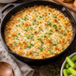 Baked Vidalia onion dip in a cast iron skillet, golden and bubbly with melted Swiss cheese.