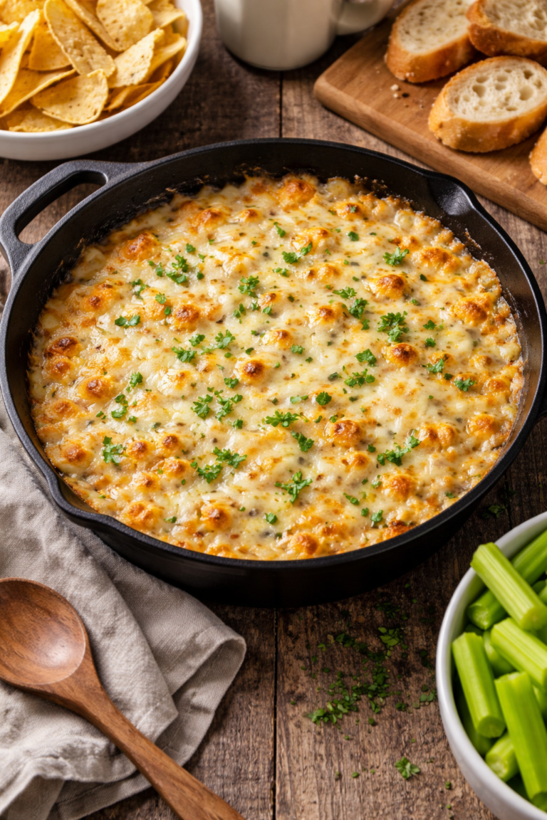 Baked Vidalia onion dip in a cast iron skillet, golden and bubbly with melted Swiss cheese.