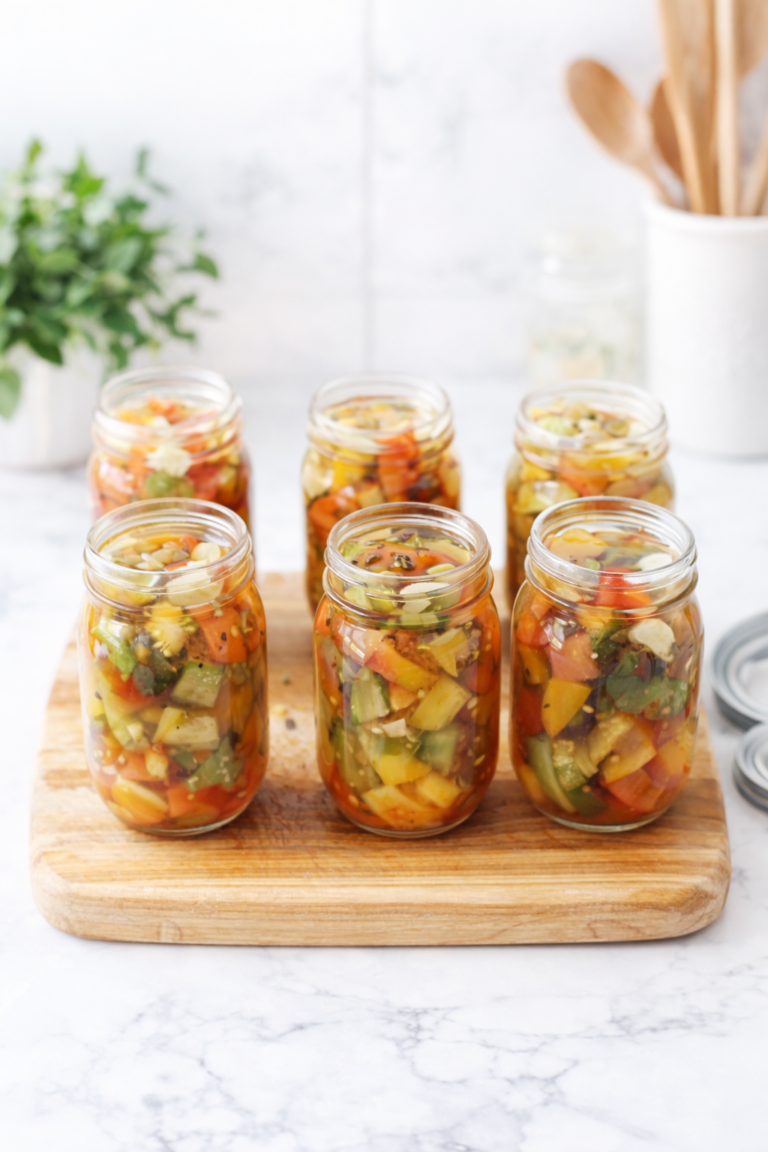 Six jars of homemade bruschetta in a jar filled with preserved garden tomatoes, peppers, onions, and herbs arranged on a wooden cutting board on a marble countertop.