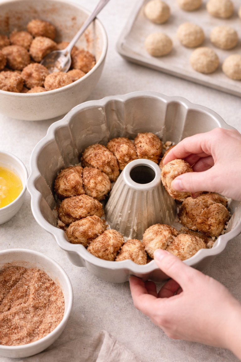 Banana monkey bread dough balls being layered in a greased bundt pan