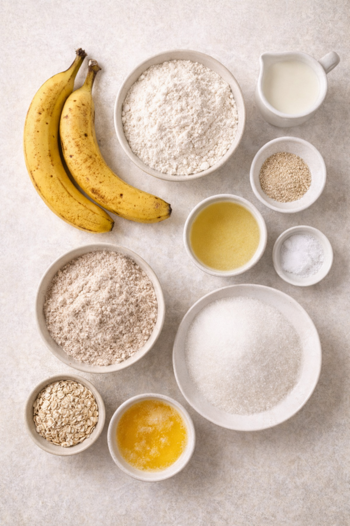 Flat lay of banana monkey bread ingredients including ripe bananas, flour, sugar, oats, butter, milk, yeast, and cinnamon