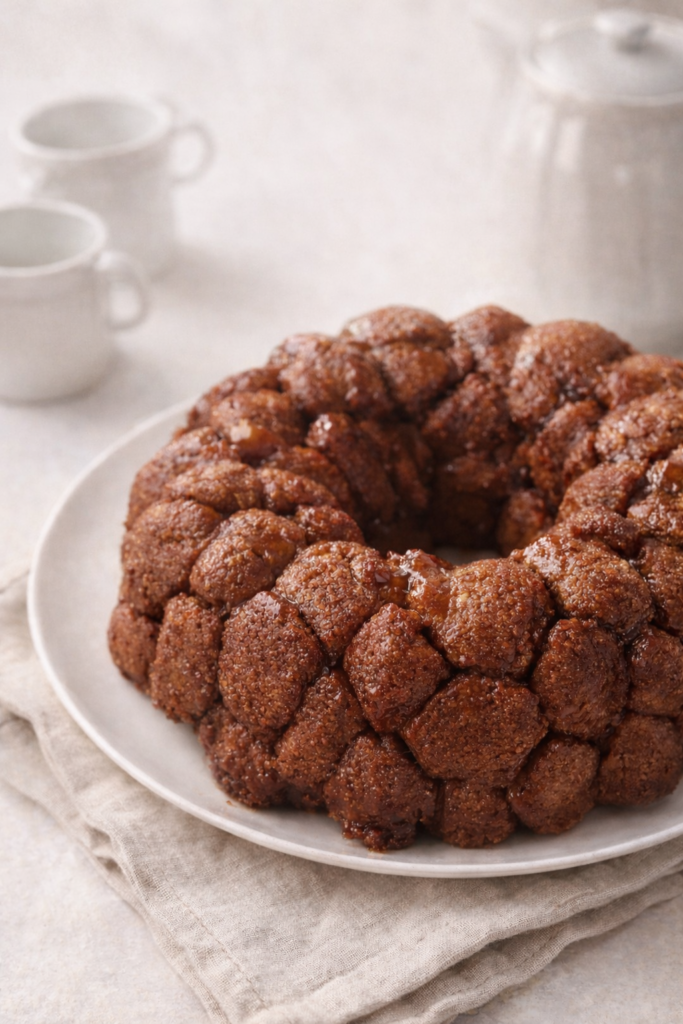 Soft banana monkey bread baked in a bundt pan with cinnamon sugar pull-apart pieces on a neutral linen background