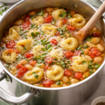 Stainless steel pot filled with basil tortellini soup made with cheese tortellini, white beans, tomatoes, fresh basil, and Parmesan in a light broth.