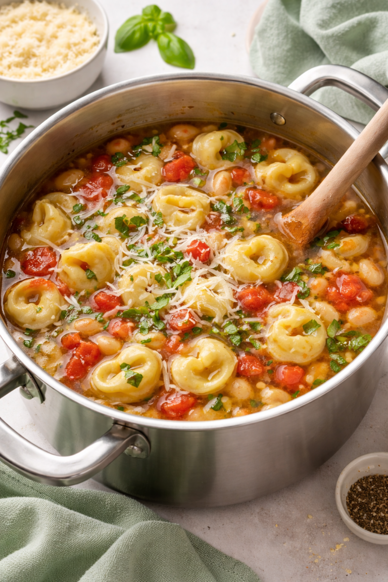 Stainless steel pot filled with basil tortellini soup made with cheese tortellini, white beans, tomatoes, fresh basil, and Parmesan in a light broth.