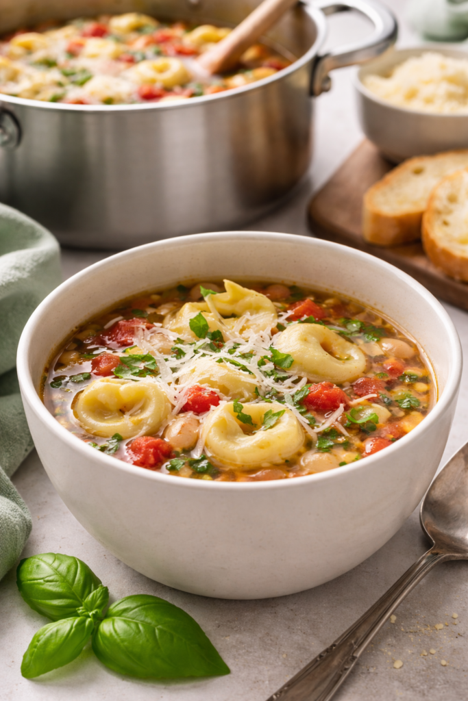 Bowl of basil tortellini soup topped with Parmesan and fresh basil, served with the cooking pot in the background.