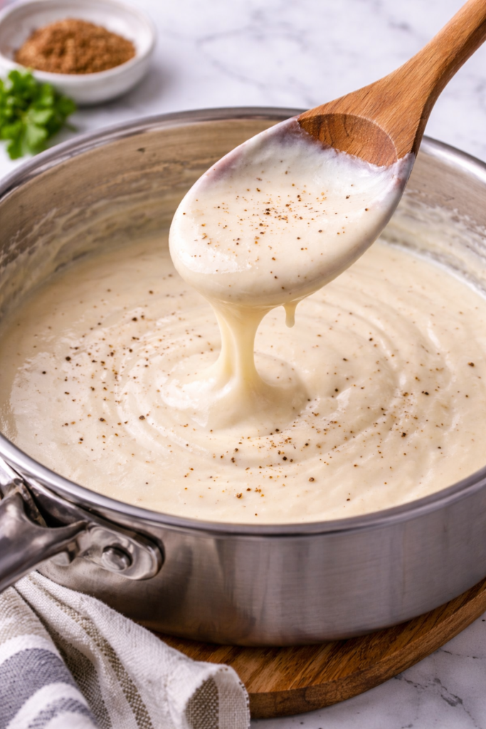 Creamy béchamel sauce being stirred in a saucepan with a wooden spoon, showing a smooth, thick texture seasoned with pepper.
