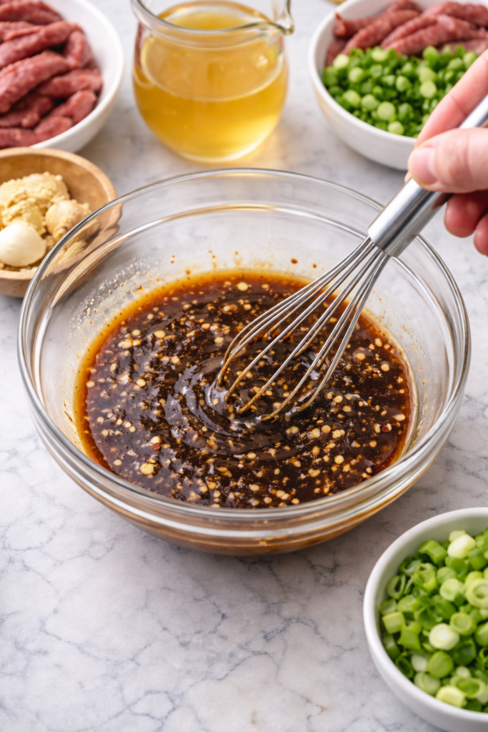 Garlic ginger stir fry sauce being whisked in a glass bowl with soy sauce, beef broth, and cornstarch on a marble countertop.