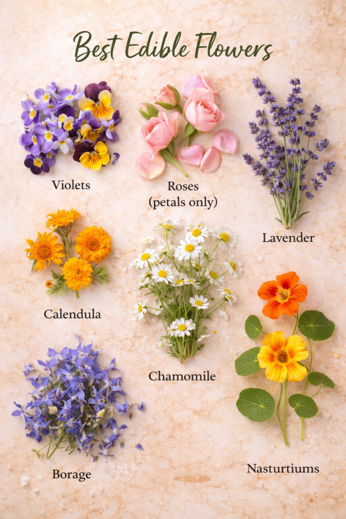 Best Edible Flowers for Baking and Candying (Labeled Flat Lay)